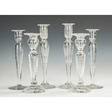 Three Pair of Cut & Etched Glass Candlesticks