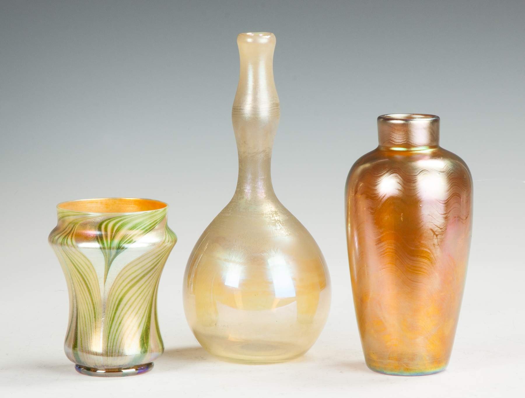 Two Tiffany Vases & Unsigned Iridescent Gold Vase Cottone Auctions