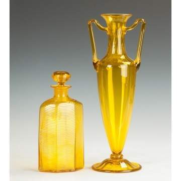 Steuben Bristol Yellow Threaded Bottle & Handled Vase