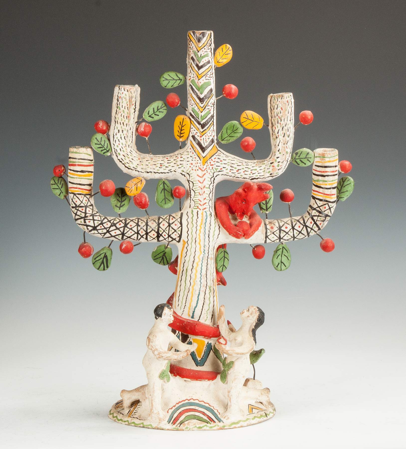 Mexican Pottery Candelabra, Adam & Eve with Tree of Life