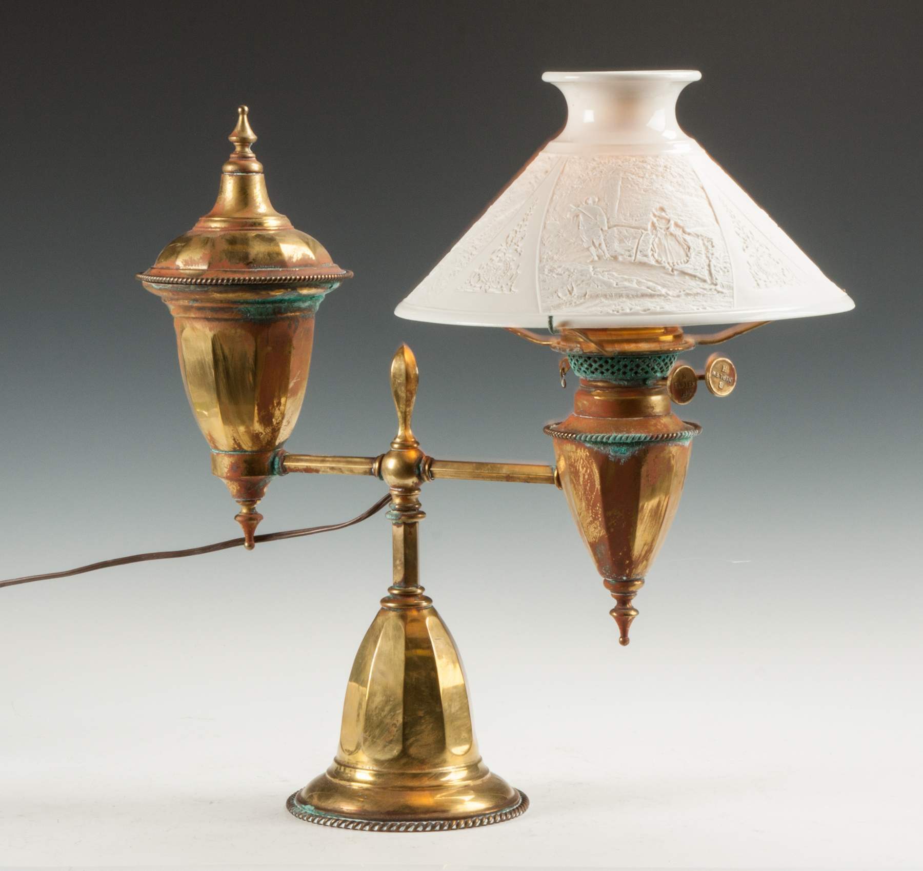 Bradley & Hubbard Single Brass Student Lamp with Lithophane Shade