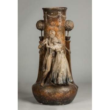 Lavergne (Adolphe-Jean 1863-1928) Monumental Ceramic Floor Vase With courting couple & topiaries