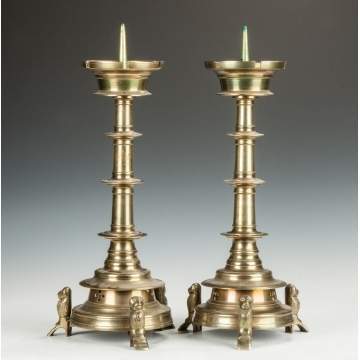 Turned Brass Prickets with Stylized Animals