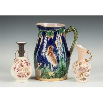Majolica Pitcher with Heron & Cattail 