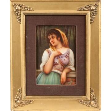 German Hand Painted Porcelain Plaque of a Young Lady