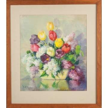 Minnie Rankin Wyman (American, 1871-1963) Still life with flower arrangement, tulips & lilacs
