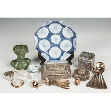 Group of Various Silver Boxes, Chinese Porcelain Dish & Objects d'Art