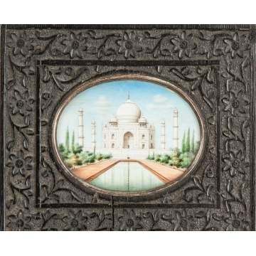 Carved Hardwood Stand with Miniature of the Taj Mahal