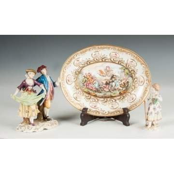 Capodimonte Porcelain Figural Group, Plate & Meissen Figurine