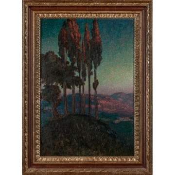 Painting of Hillside Poplars at Sunset