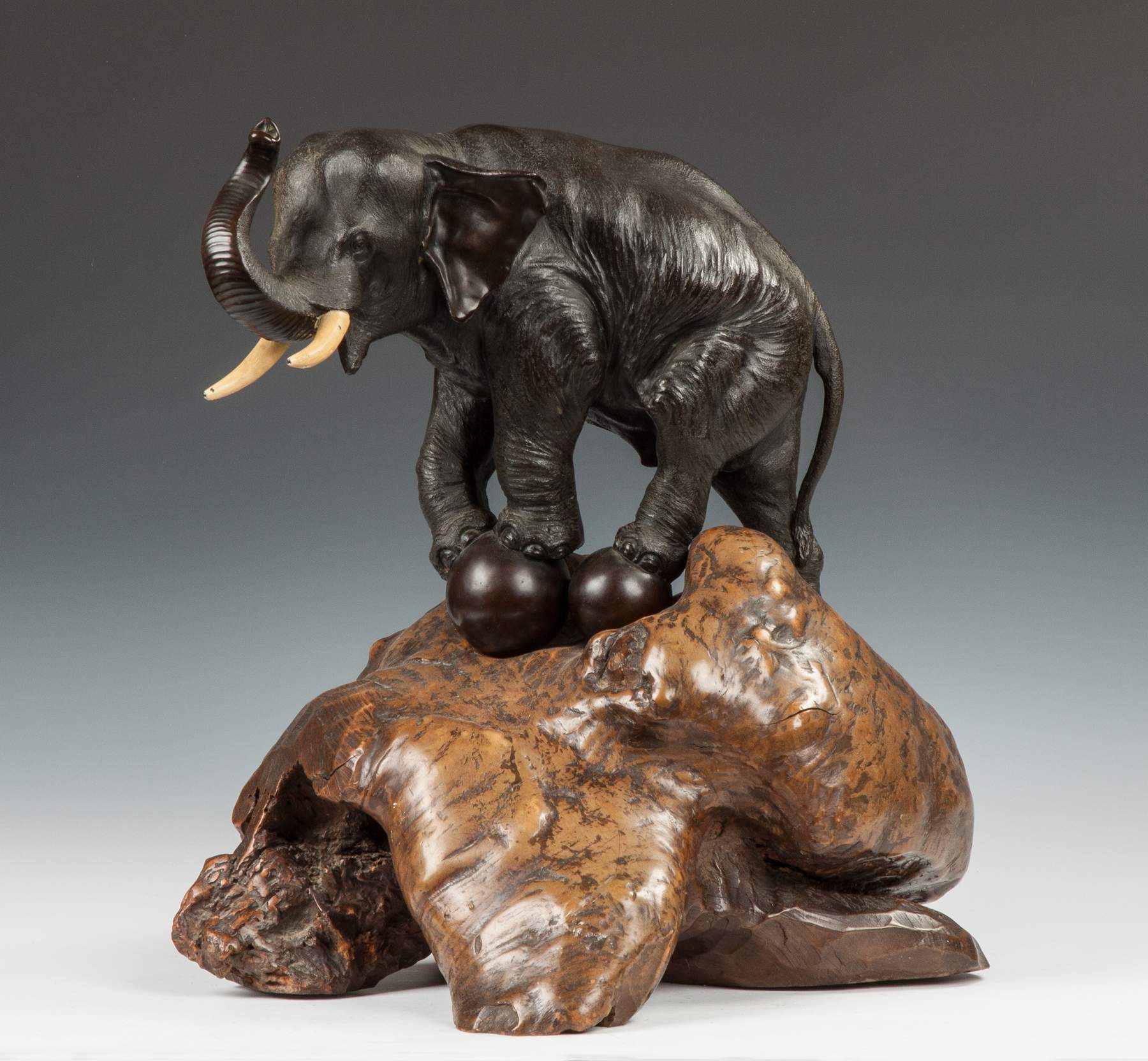 Signed Genryusai Seiya Japanese Bronze Elephant on Carved Naturalistic