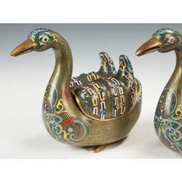 Pair of Chinese Bronze & Cloisonné Duck Censors