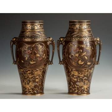 A Pair of Fine Miyao Eisuke Gilt Bronze & Mixed Metal Vases 