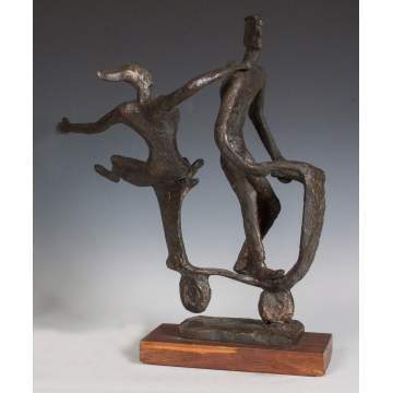 Charlotte Levy (20th c.) Two Bronze Sculptures, Figures on Scooter & Exercise