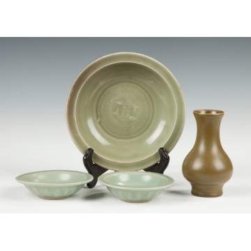 Three Chinese Celadon Bowls and a Tea Glazed Vase