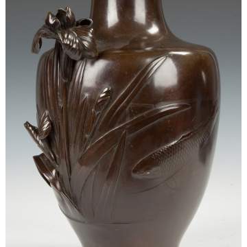 Japanese Bronze Vase with Iris & Fish