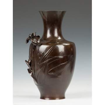 Japanese Bronze Vase with Iris & Fish