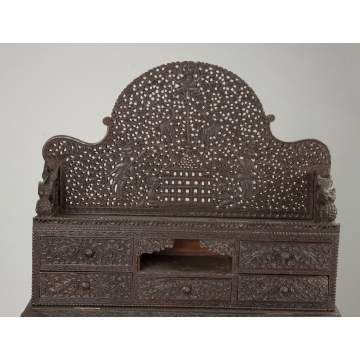 Elaborately Carved Indian Lift-Top Desk with Drawers