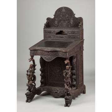 Elaborately Carved Indian Lift-Top Desk with Drawers
