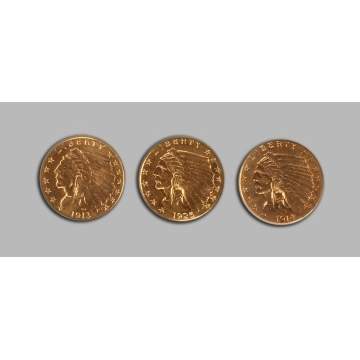 Three Gold Indian Head 2 1/2 Dollar Coins