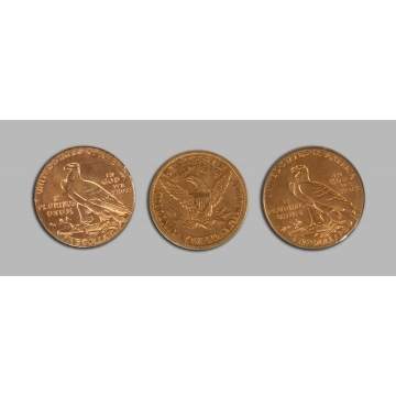 Two Gold Indian Head & One Liberty Head Five Dollar Coins