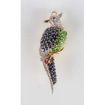 18K Gold, Diamond & Gemstone Parrot Pendant
