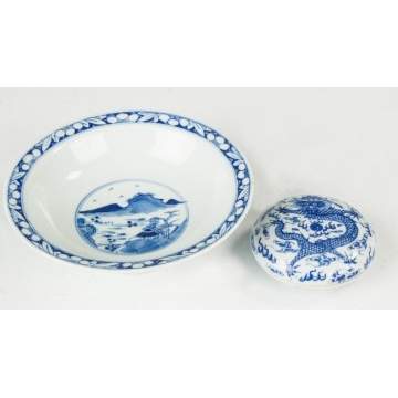 Chinese Blue & White Porcelain Footed Bowl & Covered Dish