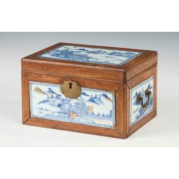 Chinese Box with Blue & White Hand Painted Porcelain Panels