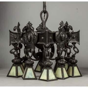 Arts & Crafts Hammered Metal, Wrought Iron and Stained Glass Ten-Light Chandeliers