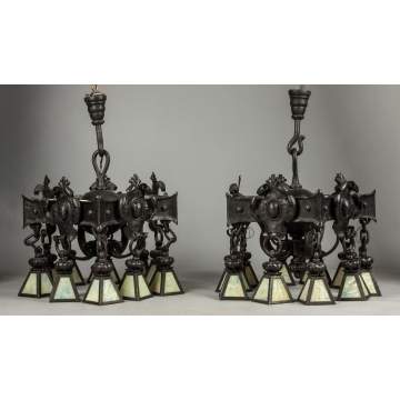 Arts & Crafts Hammered Metal, Wrought Iron and Stained Glass Ten-Light Chandeliers