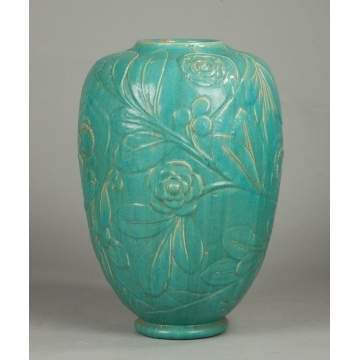 Pottery Floor Vase with Relief Stylized Floral Design