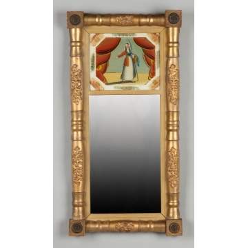 American Gilt Wood and Reverse Painted Glass Decorated Mirror