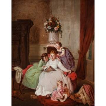 American School Painting of A Mother and Her Daughters