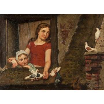 Edward Farasyn (Belgian, Active 19th century) Children Feeding Pigeons