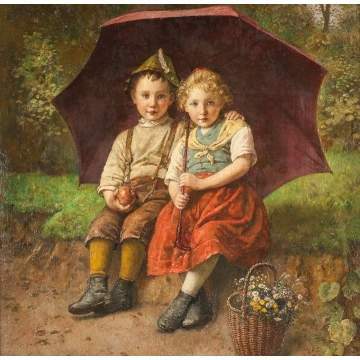 Edmund Adler (German/Austrian, 1876 - 1965) Children Under Umbrella