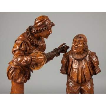 Italian Carved Fruitwood Harlequins with Mandolins