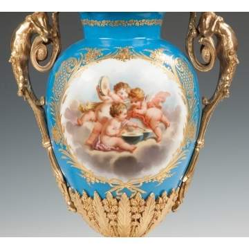 Sevres Hand Painted Porcelain & Gilt Bronze Covered Urn