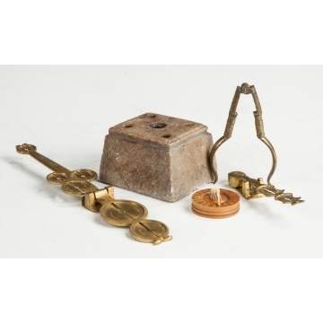 Brass Coin Scales, Soapstone Pen Holder, Brass Nutcracker, Maple Wisk Counter 