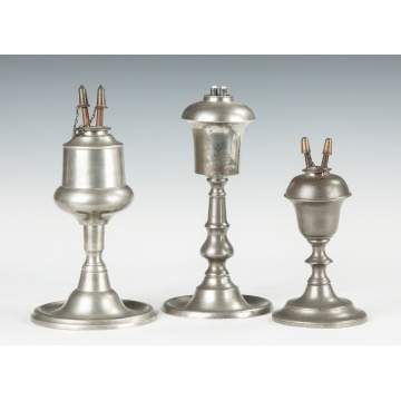 Three Early Pewter Whale Oil Lamps
