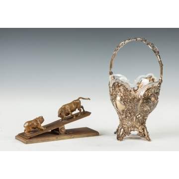 Bronze Bull & Bear Paper Clip & Continental Silver Basket with Glass Insert