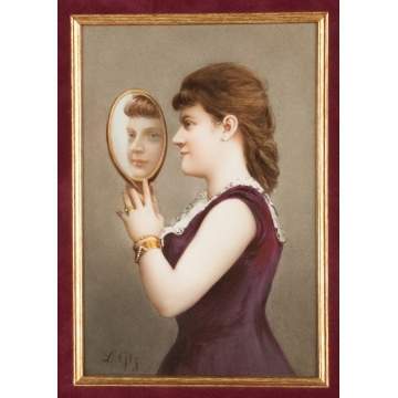 KPM Painting on Porcelain of a Young Lady with Mirror Reflection