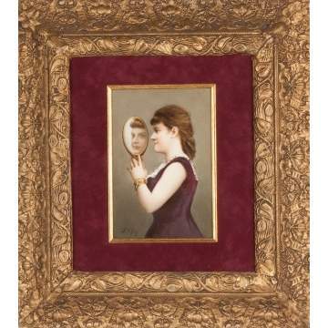 KPM Painting on Porcelain of a Young Lady with Mirror Reflection