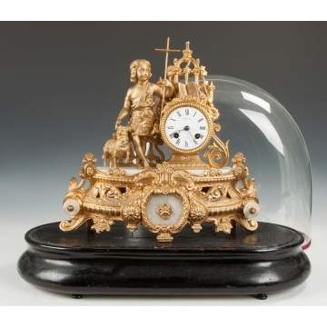 Devienne, Lille, French Patinaed Brass, Onyx & Alabaster Clock of a Shepherd Boy