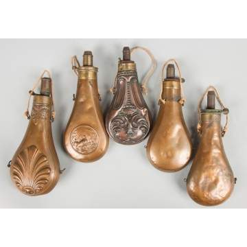 Group of Brass Embossed Powder Flasks