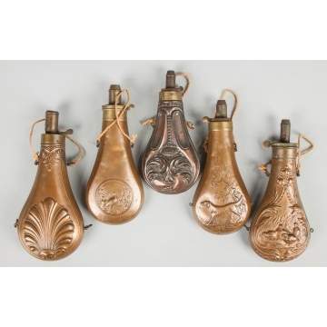 Group of Brass Embossed Powder Flasks