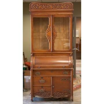 Machine Carved Oak Cylinder Desk