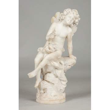 Carved Marble Seated Cherub with Butterfly