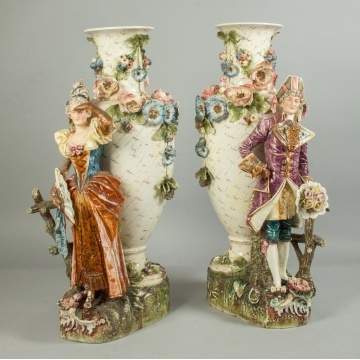 Pair of Large Majolica Vases with Courting Figures & Flowers