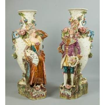 Pair of Large Majolica Vases with Courting Figures & Flowers