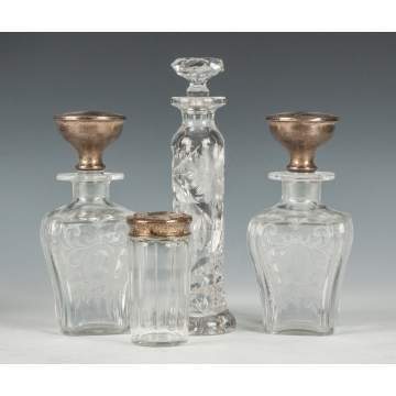 Three Cut Glass, Etched & Sterling Colognes and One Covered Jar